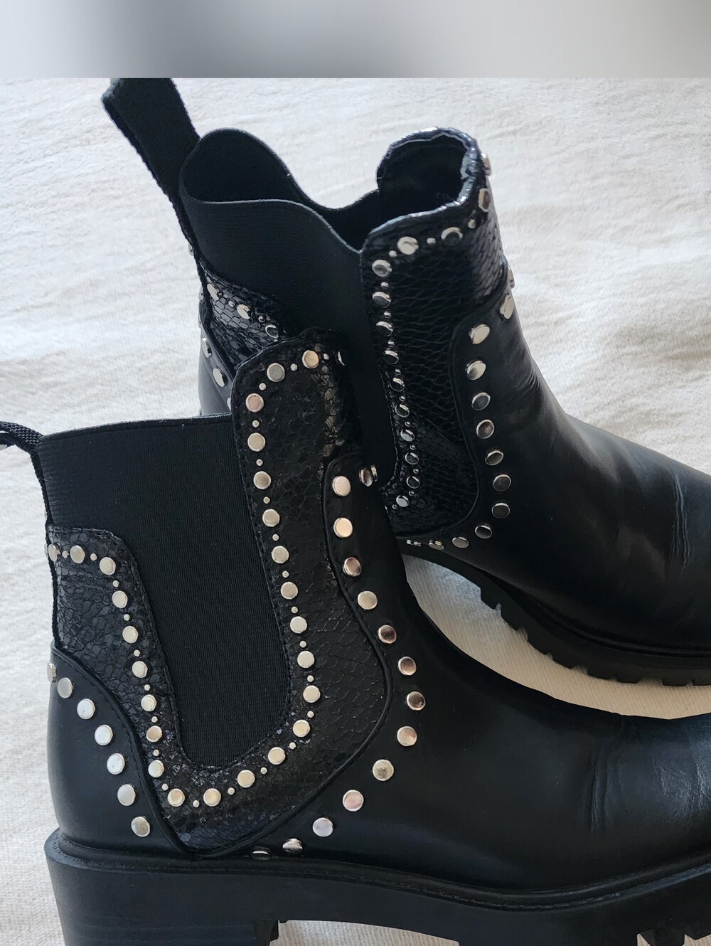 Zara Black Leather Studded Chelsea Boots Lug Sole - Size 6
